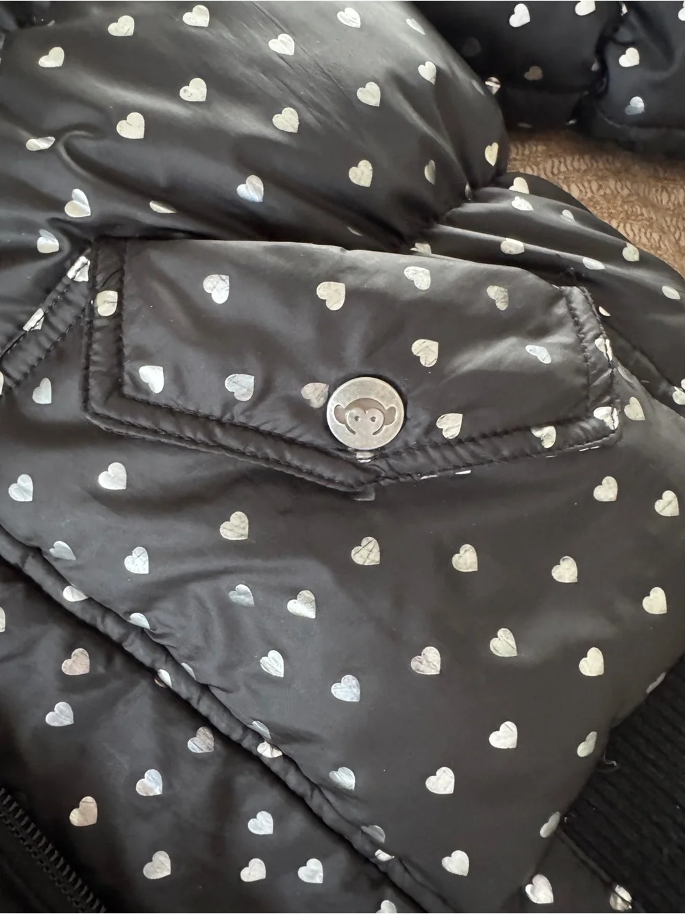 Appaman Girls Hearts Puffy Coat Size 6 Black Silver Down Puffer Jacket Hooded